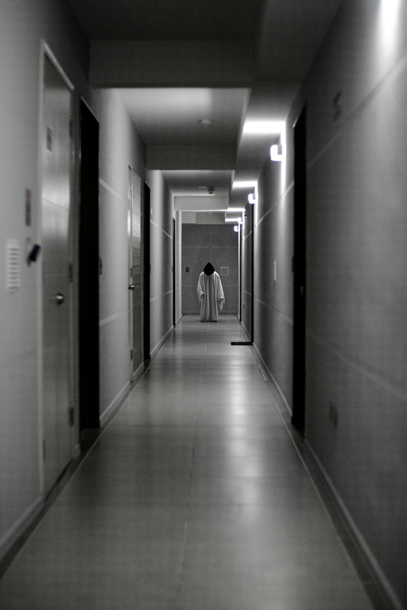 A ghostly figure stands alone in a dimly lit hallway, creating a haunting atmosphere.